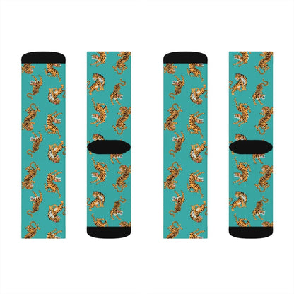 Yellow Pandora Tiger Fun novelty socks featuring playful tiger print and vibrant colors, perfect for casual wear.