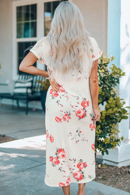 White floral print side slits T-shirt dress by Harlequin Daisy, featuring a casual fit and stylish floral pattern.