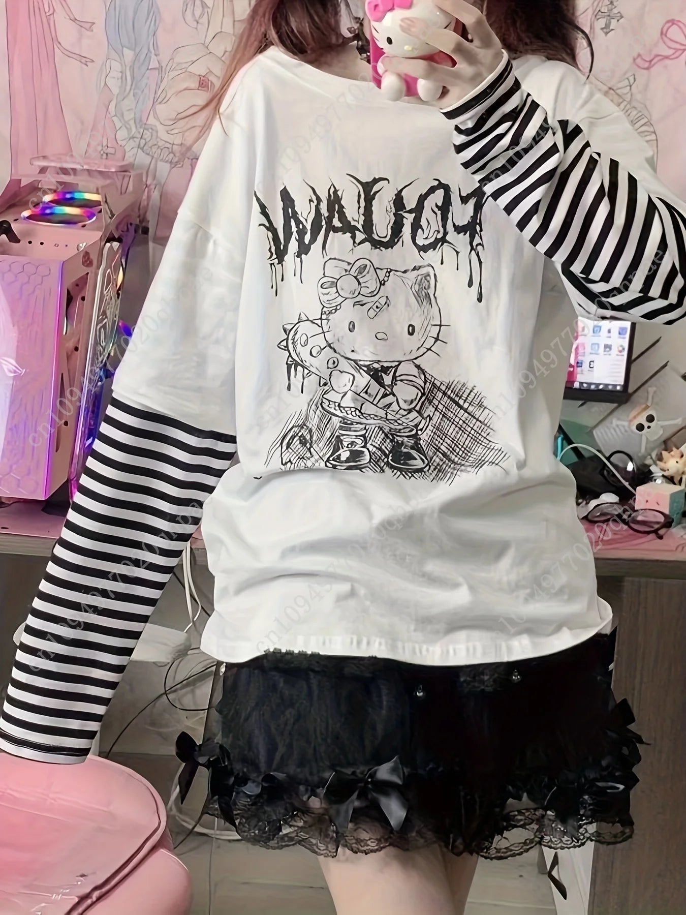 Hello Kitty long sleeve T-shirt for women by Start2Finish featuring a Japanese sweet-themed design and a loose fit.