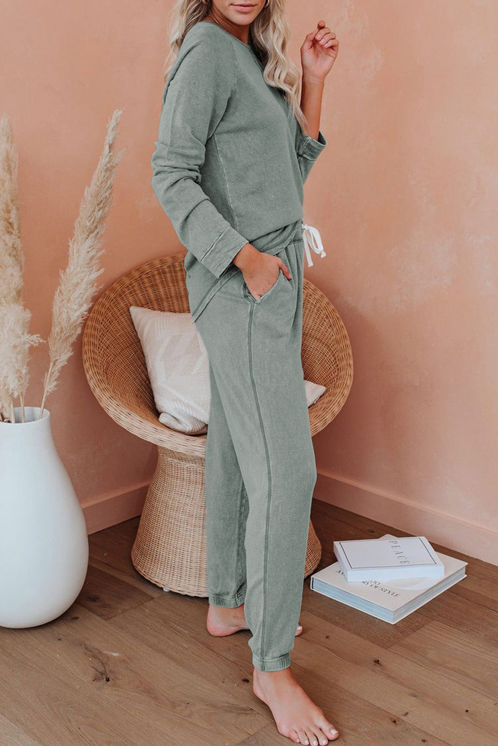 Lavender Pallas green raglan sleeve top and pants loungewear set, women&