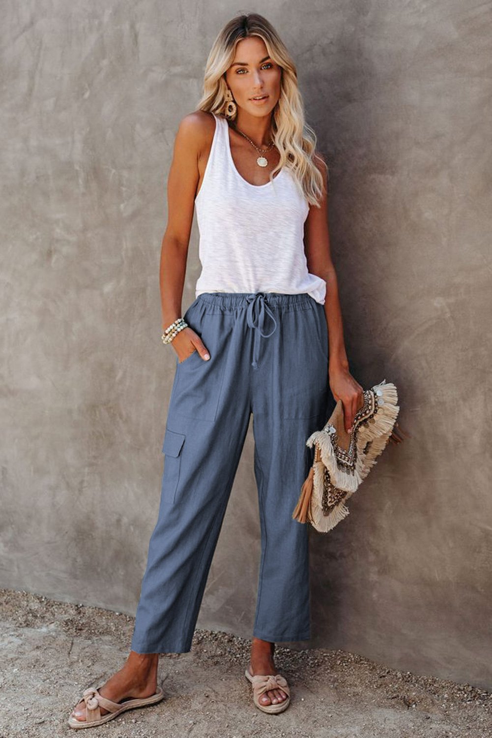 Jade Driven linen blend pocketed cargo pants for women, featuring relaxed fit and multiple pockets, perfect for casual wear.