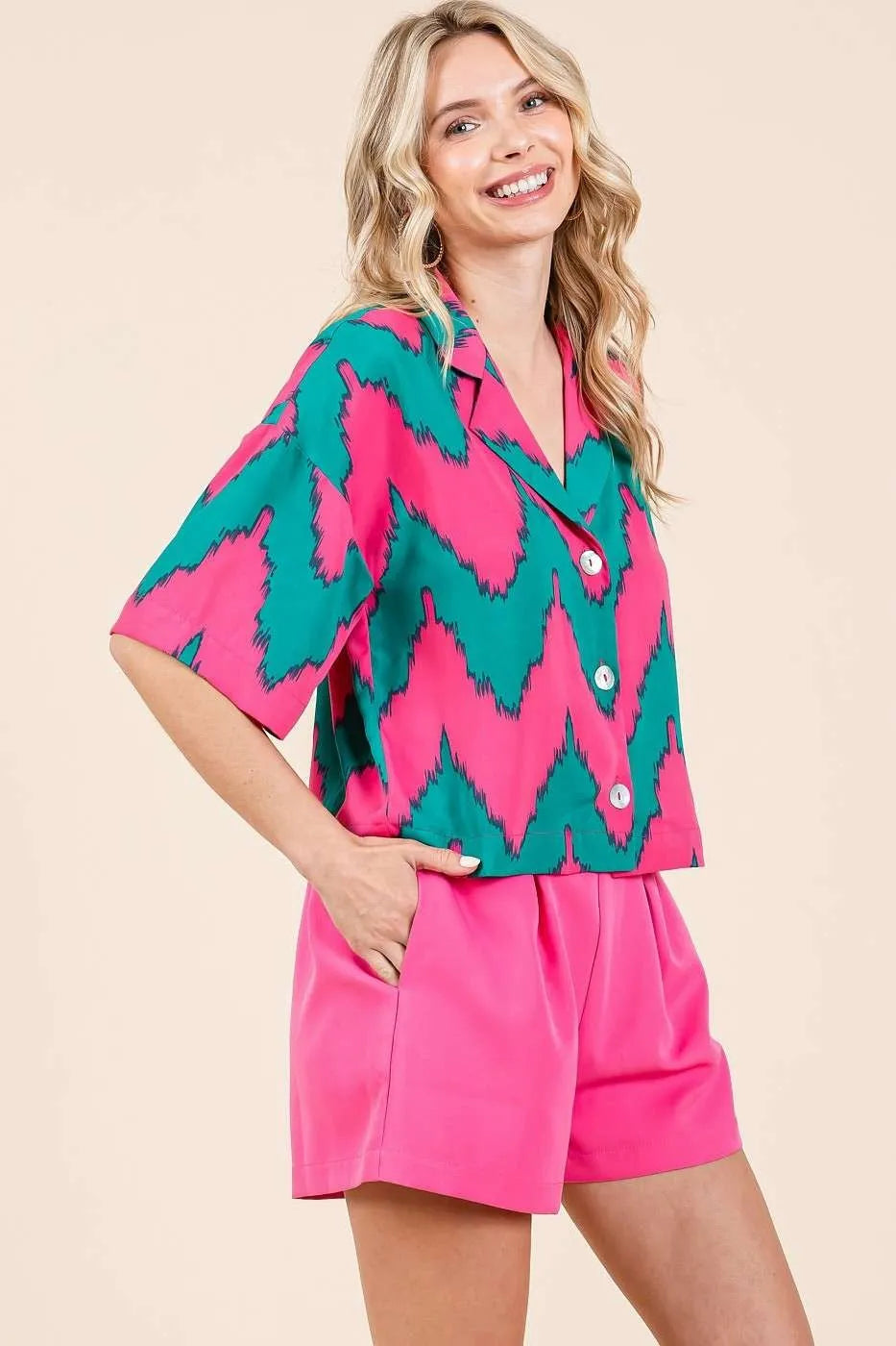 Chevron print short sleeve crop shirt by Carmine Juneberry, featuring a stylish design perfect for casual gifts.