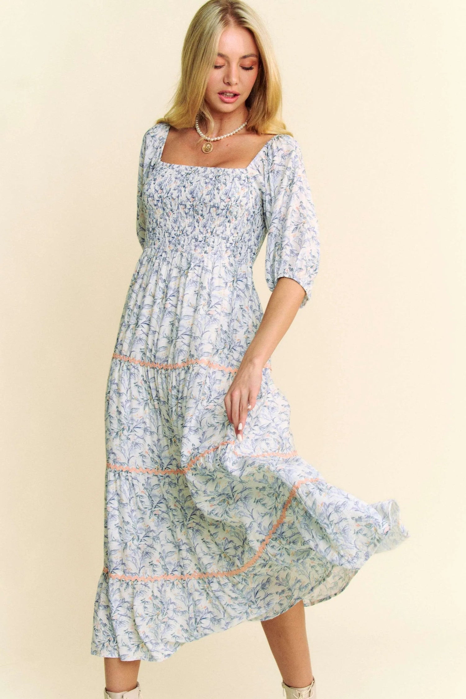 Jade Icarus Davi &amp; Dani contrast ric smocking bodice tiered midi dress for women, featuring a stylish tiered design and smocked bodice.
