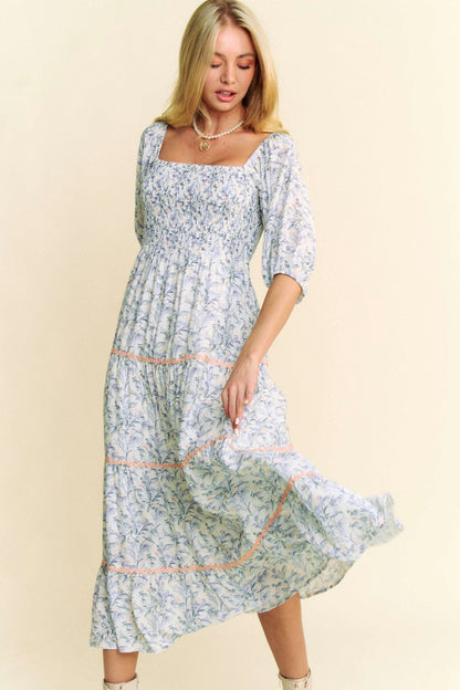 Jade Icarus Davi &amp; Dani contrast ric smocking bodice tiered midi dress for women, featuring a stylish tiered design and smocked bodice.