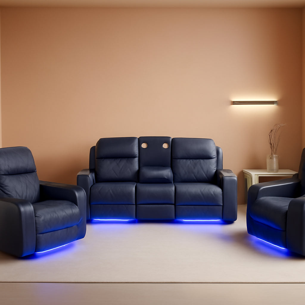 Premium Full-Grain Leather Power Recliner Sofa Blue-Gray