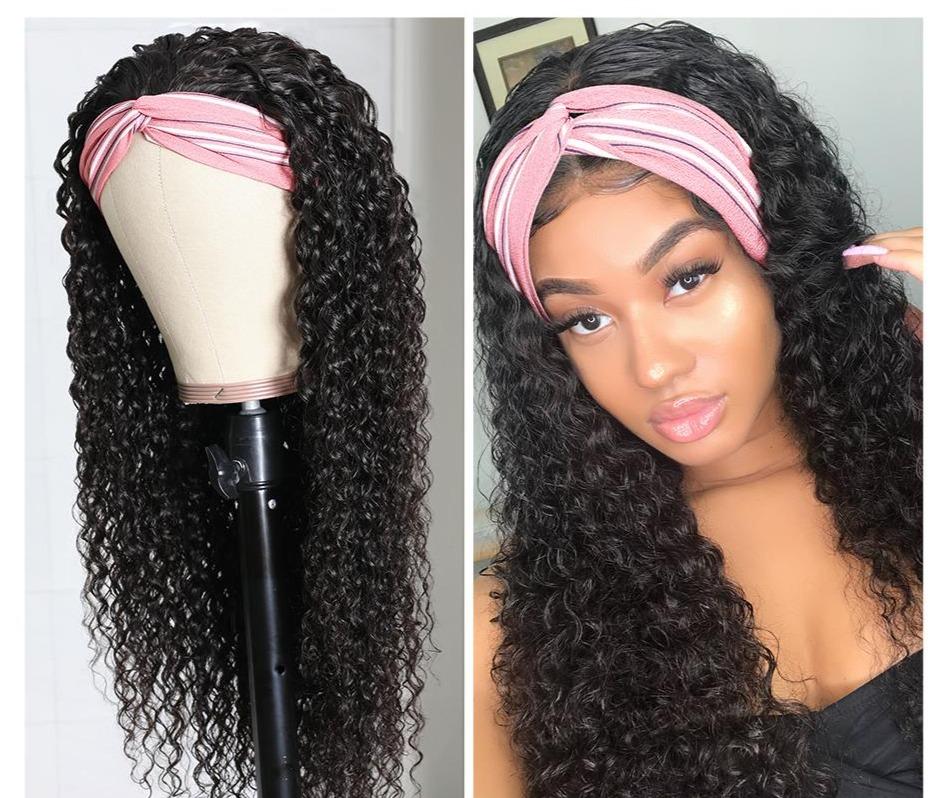 Cerise Alfie Jerry Curl human hair headband wig with scarf, easy to wear, no glue, for bath and beauty styling.