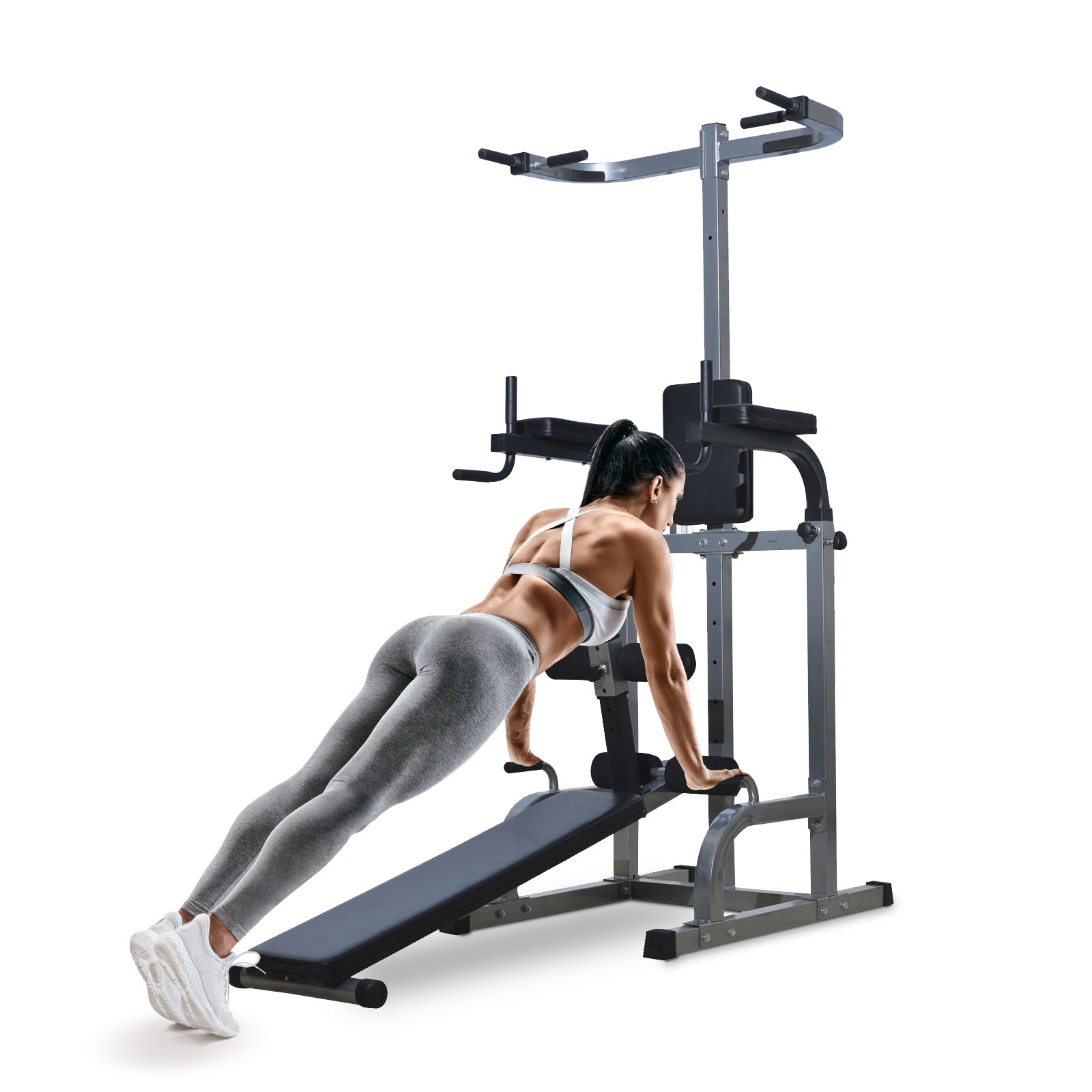 Soozier Power Tower with dip station, sit-up bench, and pull-up bar for home gym workouts, in a modern Taupe Shadow design.