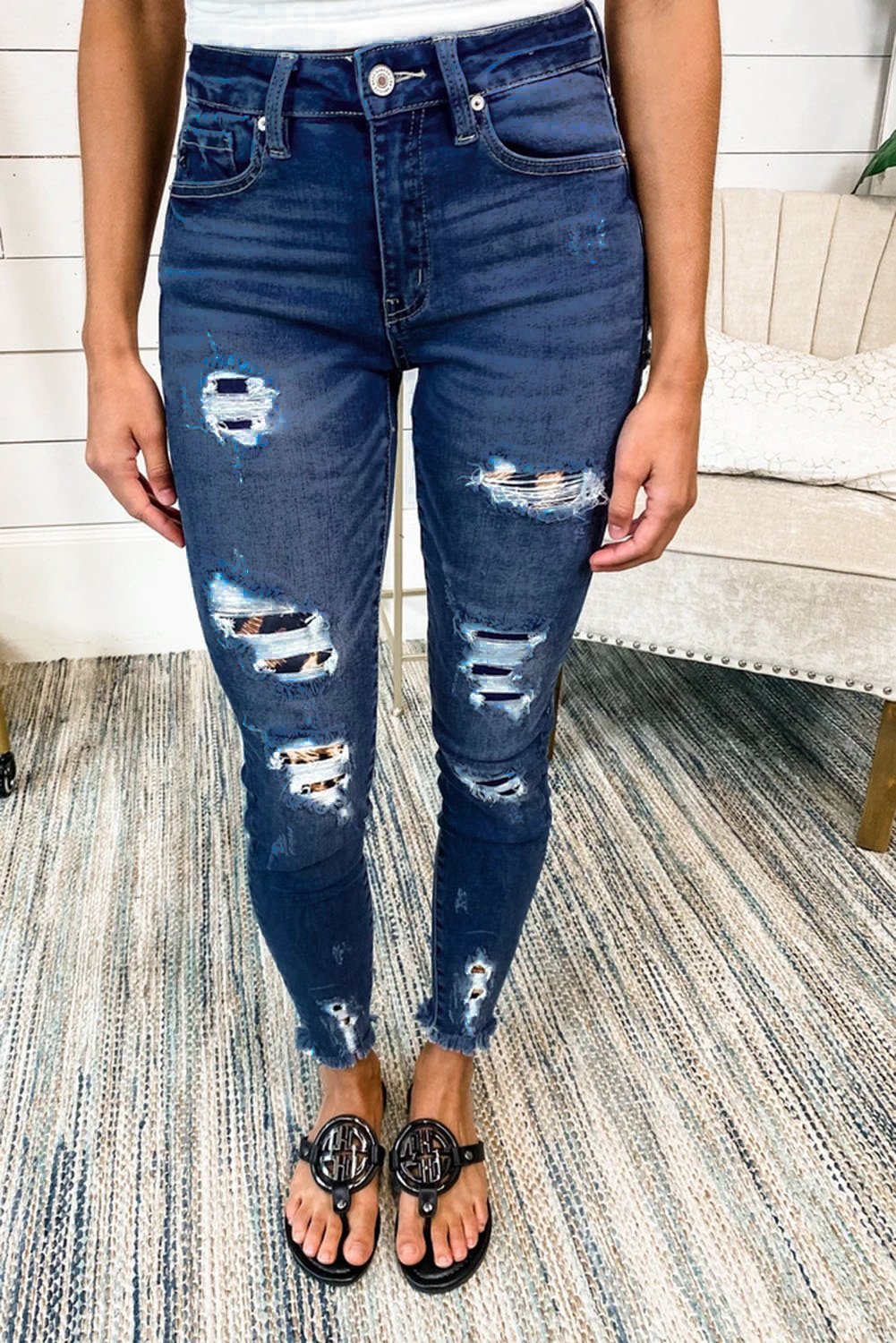 Dark blue leopard patch distressed skinny jeans for women by Jade, featuring a fitted style with trendy animal print accents.