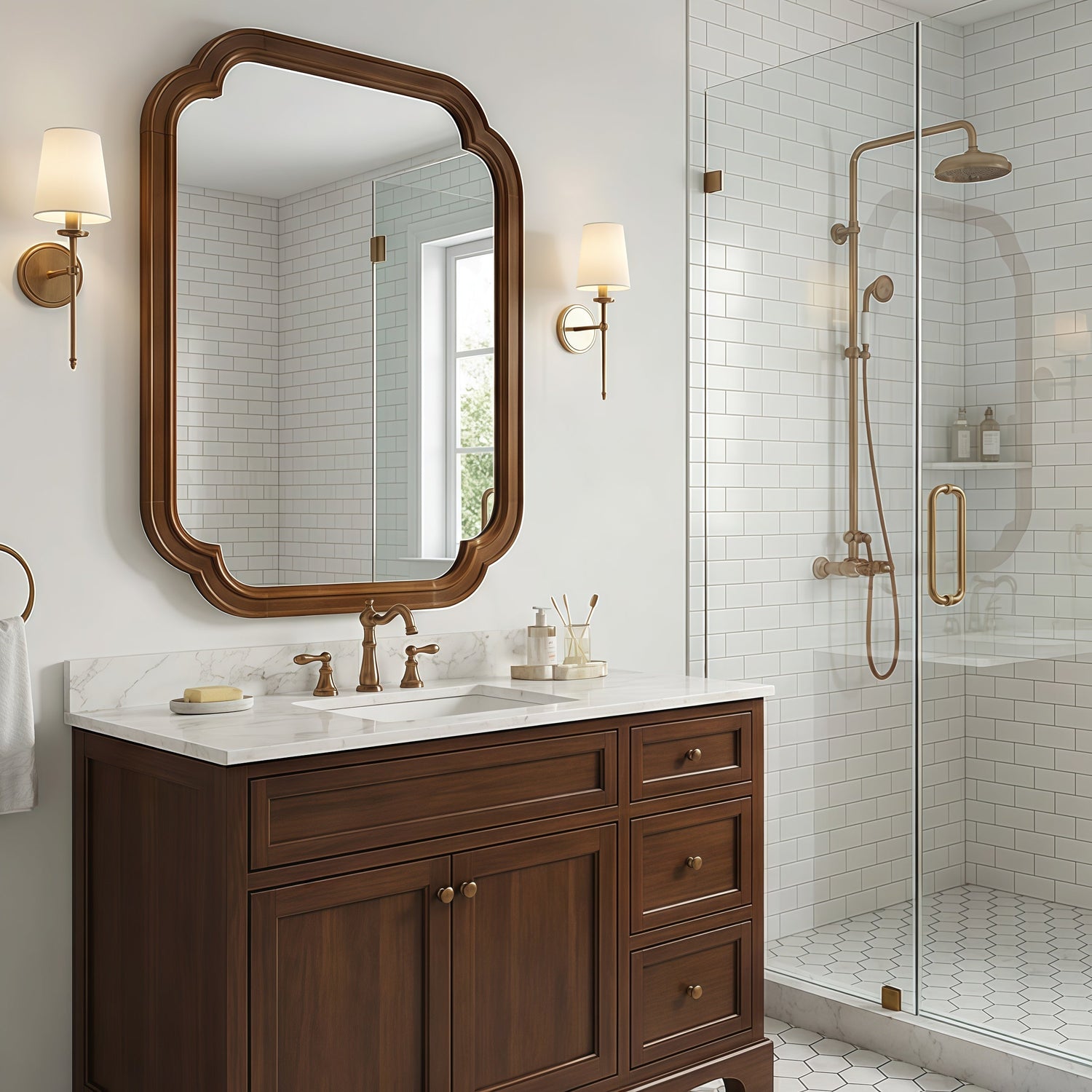 Decorative round mirror with solid wood frame and rounded corners, ideal for bedroom furniture by Sangria Beech.