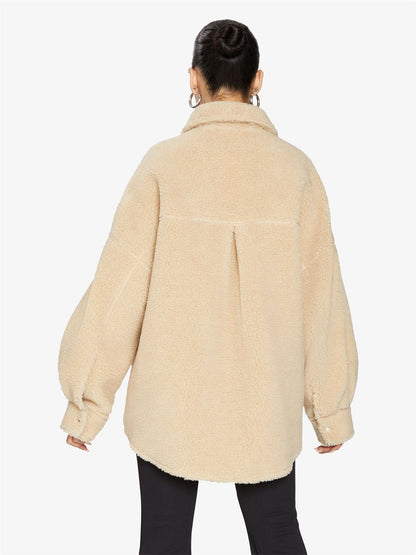 Rose Eleusis oversized patch pocket borg teddy shacket, cozy fleece jacket with large front patch pockets, casual and warm.
