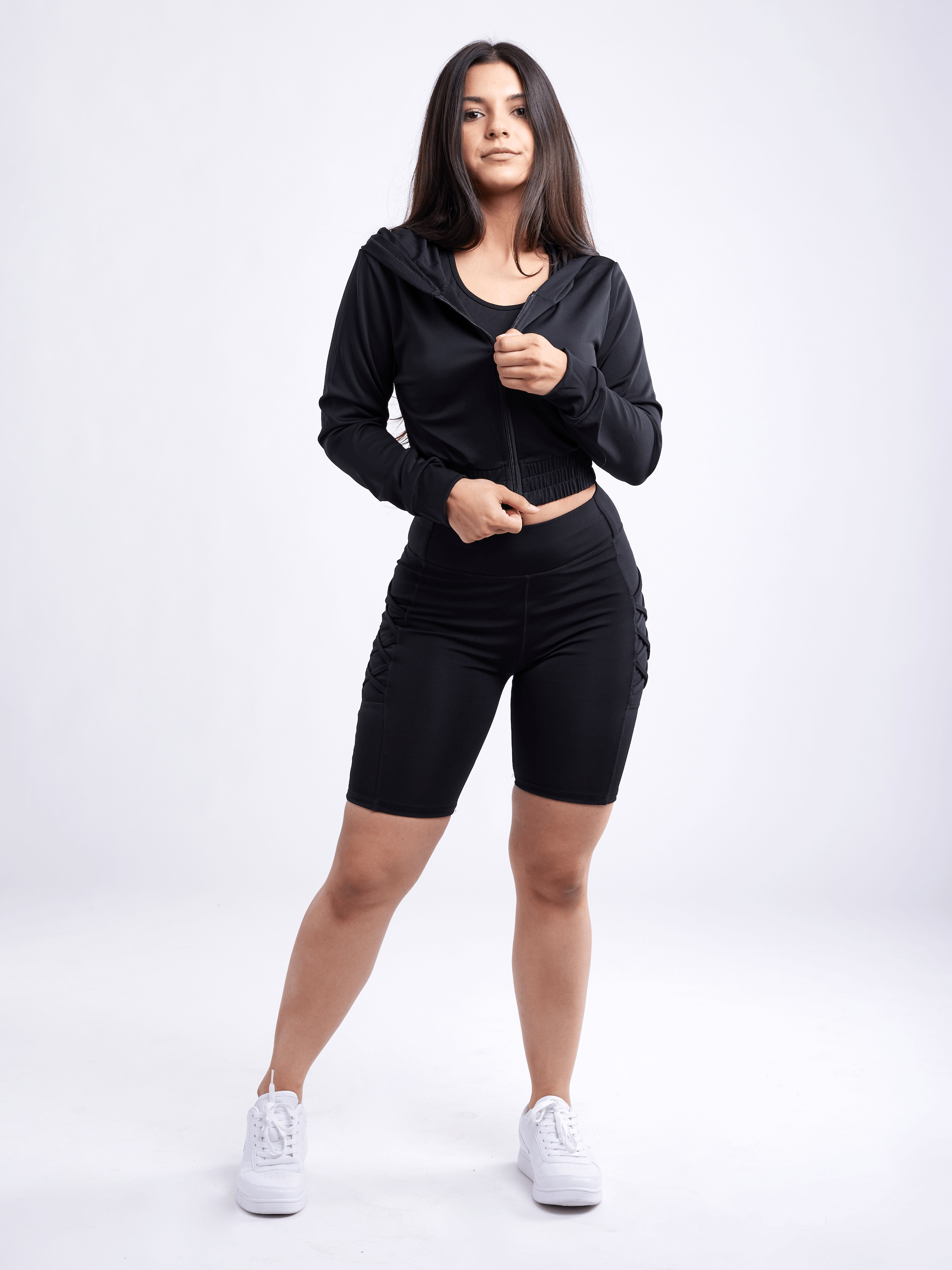 Black Lavender JupiterGear athletic zip-up crop hoodie jacket, activewear with a fitted design and front zipper, ideal for workouts.