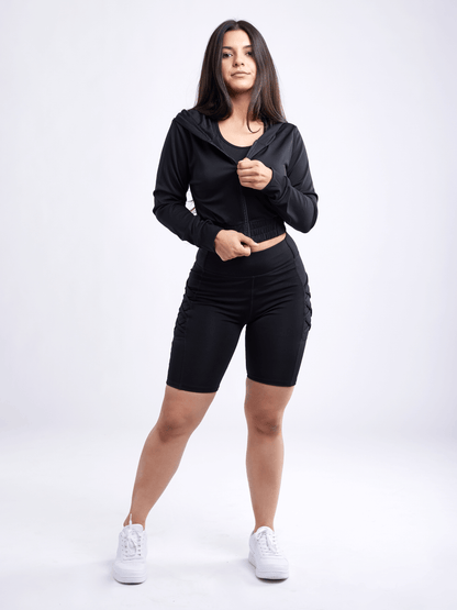 Black Lavender JupiterGear athletic zip-up crop hoodie jacket, activewear with a fitted design and front zipper, ideal for workouts.