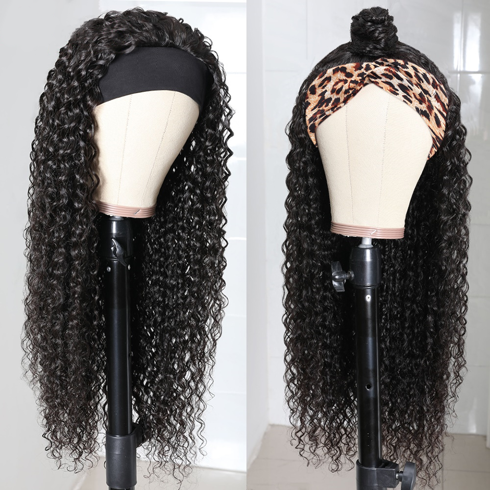 Cerise Alfie Jerry Curl human hair headband wig with scarf, easy wear, no glue, suitable for bath and beauty styling, natural curl pattern