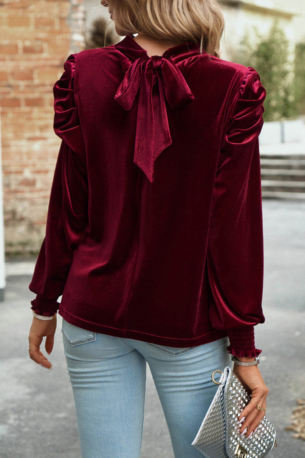 Fiery red mock neck velvet blouse with puff sleeves from Carmine Juneberry, stylish tops and blouses for elegant fashion.