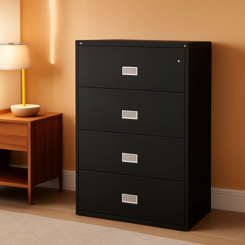 38 Inch Lateral 4 Drawer Fireproof File Cabinet With Key Lock Black
