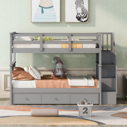 Sangria Beech twin-over-twin bunk bed with three storage drawers, sturdy wood frame, ideal for bedroom or dorm room.