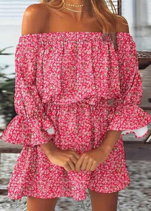 Boho leaf graphic print off-shoulder dress with ruffles and backless design by Pear Daisy, perfect for stylish summer wear.