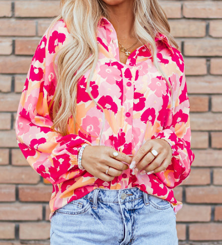 Pear Daisy floral print puff sleeve buttoned shirt with blooming flower design, perfect for home and garden casual wear.