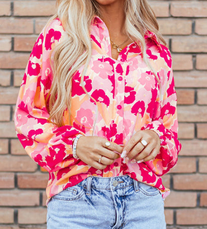 Pear Daisy floral print puff sleeve buttoned shirt with blooming flower design, perfect for home and garden casual wear.