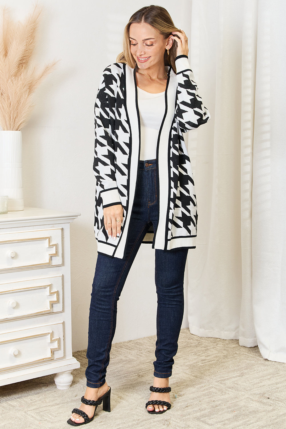 Pear Daisy Mandy woven houndstooth open front longline cardigan, stylish and cozy knitwear for home and casual wear.