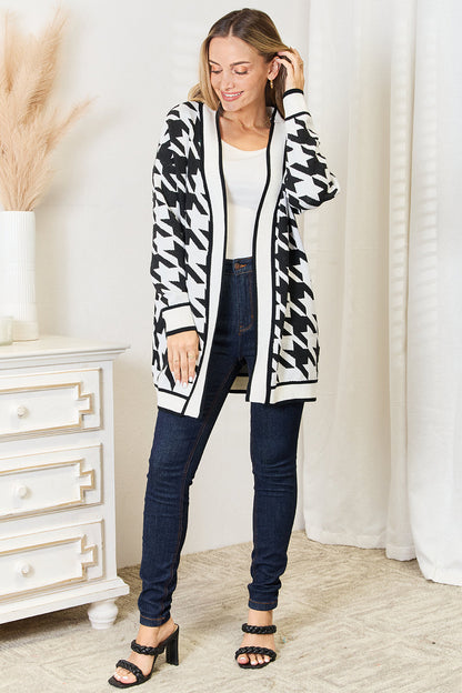 Pear Daisy Mandy woven houndstooth open front longline cardigan, stylish and cozy knitwear for home and casual wear.
