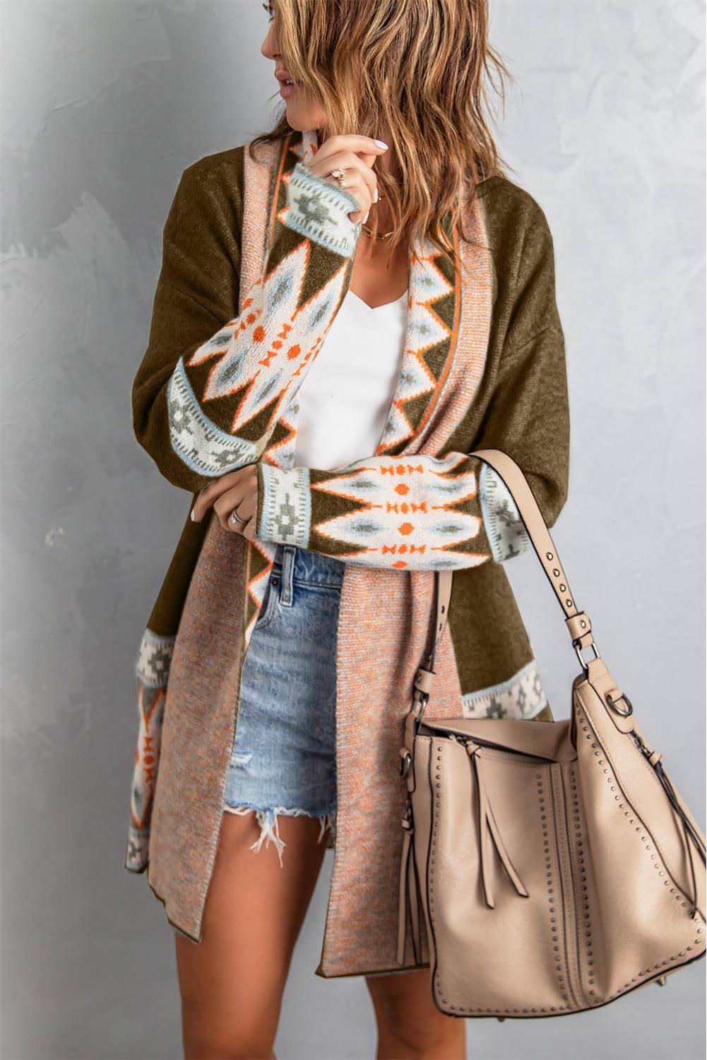 Brown Aztec print open-front knitted cardigan from Carmine Juneberry, featuring a cozy, stylish sweater with geometric patterns.