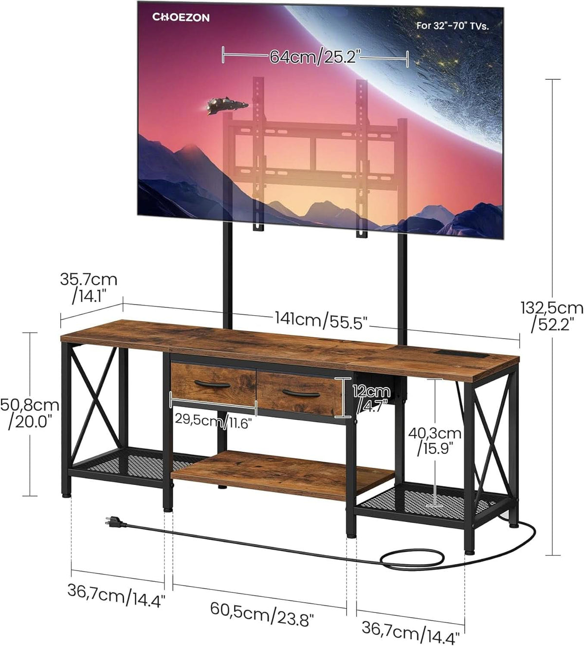 Rustic Brown Adjustable TV Stand Mount Integrated Outlet