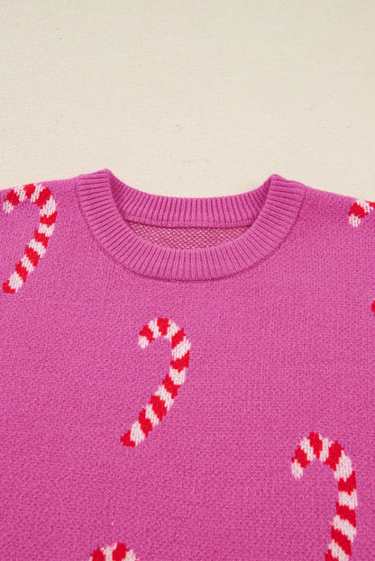 Byzantium Bay Christmas candy cane drop shoulder sweater with festive red and white striped design on soft knit fabric.