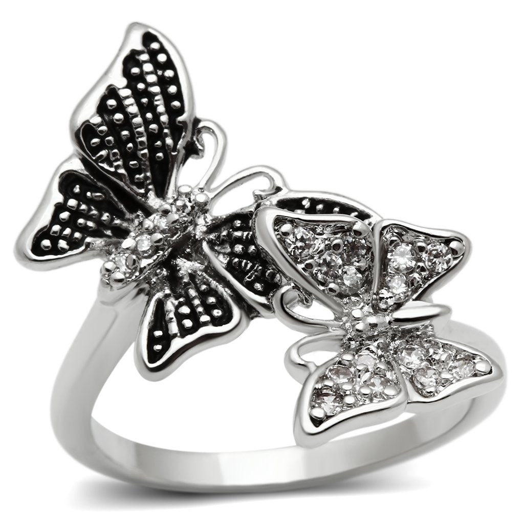 Turquoise Tiger 3W214 rhodium brass ring with AAA grade cubic zirconia, showcasing a sleek design and sparkling gemstone accents.