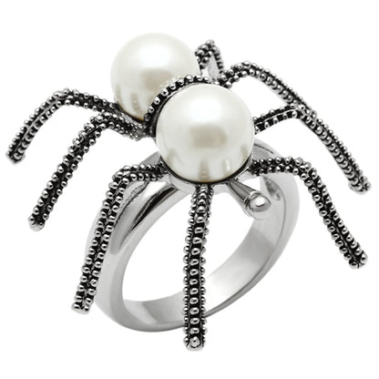 Rhodium brass ring with synthetic white pearl, elegant jewelry piece by Turquoise Tiger featuring a polished band and classic design.