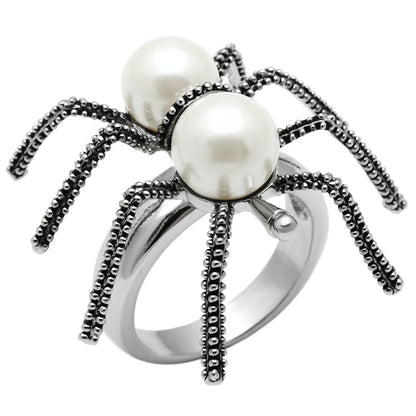 Rhodium brass ring with synthetic white pearl, Turquoise Tiger jewelry, elegant and stylish accessory for special occasions.