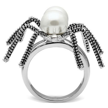 Rhodium brass ring with white synthetic pearl by Turquoise Tiger, showcasing a sleek design and polished finish.