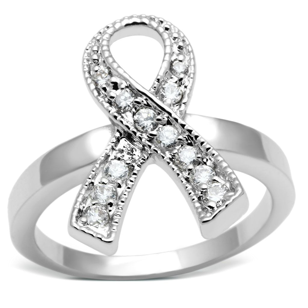 Rhodium brass ring with AAA grade clear CZ by Turquoise Tiger, showcasing a polished band and sparkling gemstone setting.