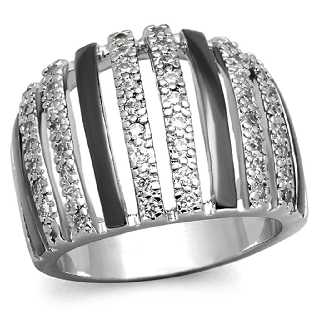 Turquoise Tiger rhodium and ruthenium brass ring with AAA grade clear cubic zirconia, showcasing a polished, elegant jewelry design.