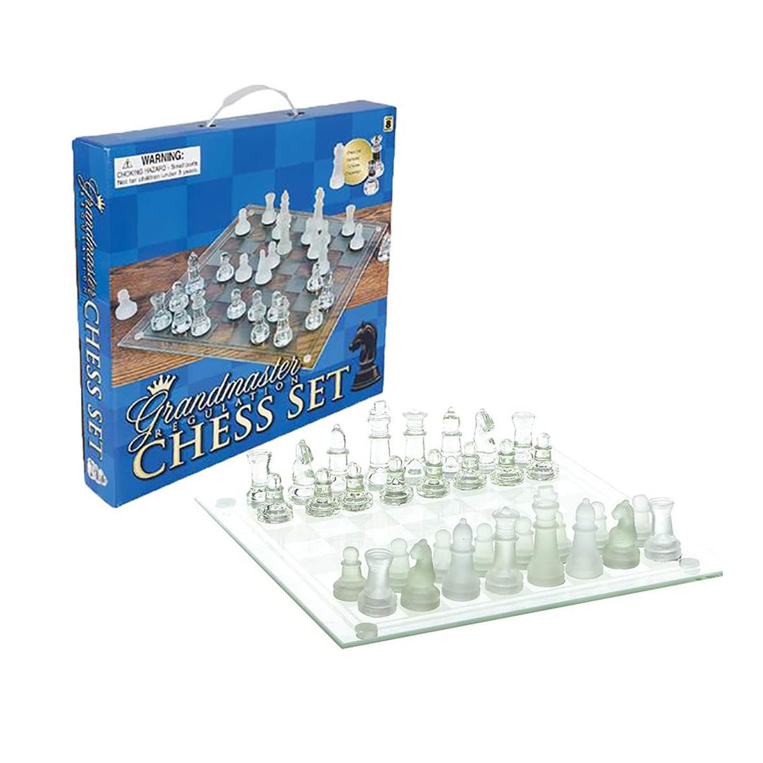 Copper Hecuba Zummy 14-inch glass chess set with clear, detailed chess pieces arranged on a reflective surface.