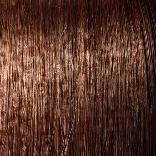 Med brown curly human hair wig with bangs by Peach Clymene, featuring full volume and elegant style.