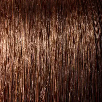 Med brown curly human hair wig with bangs by Peach Clymene, featuring full volume and elegant style.