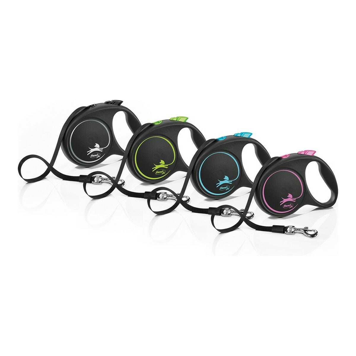 Flexi black design 5m dog lead in blue, size M, with a sturdy handle and retractable leash for pets.