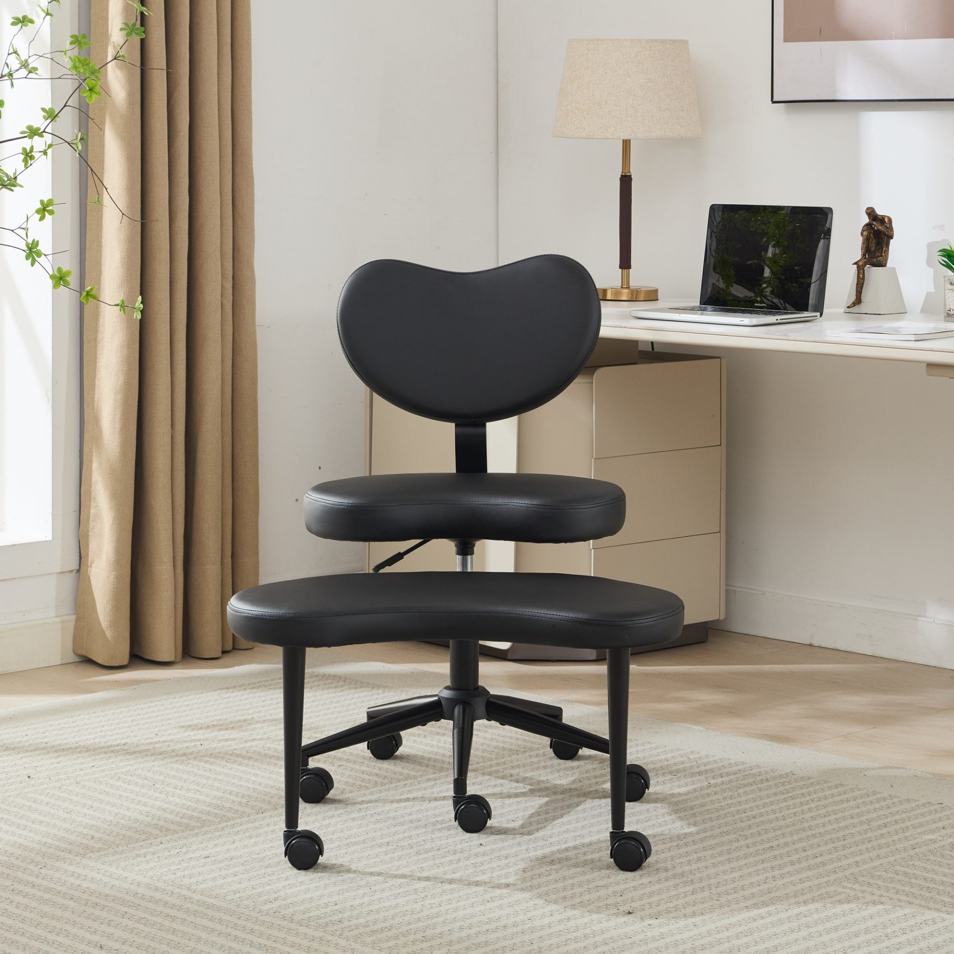 Black PU leather office chair with USB port, swivel base, and ergonomic design for home office or vanity desk use.