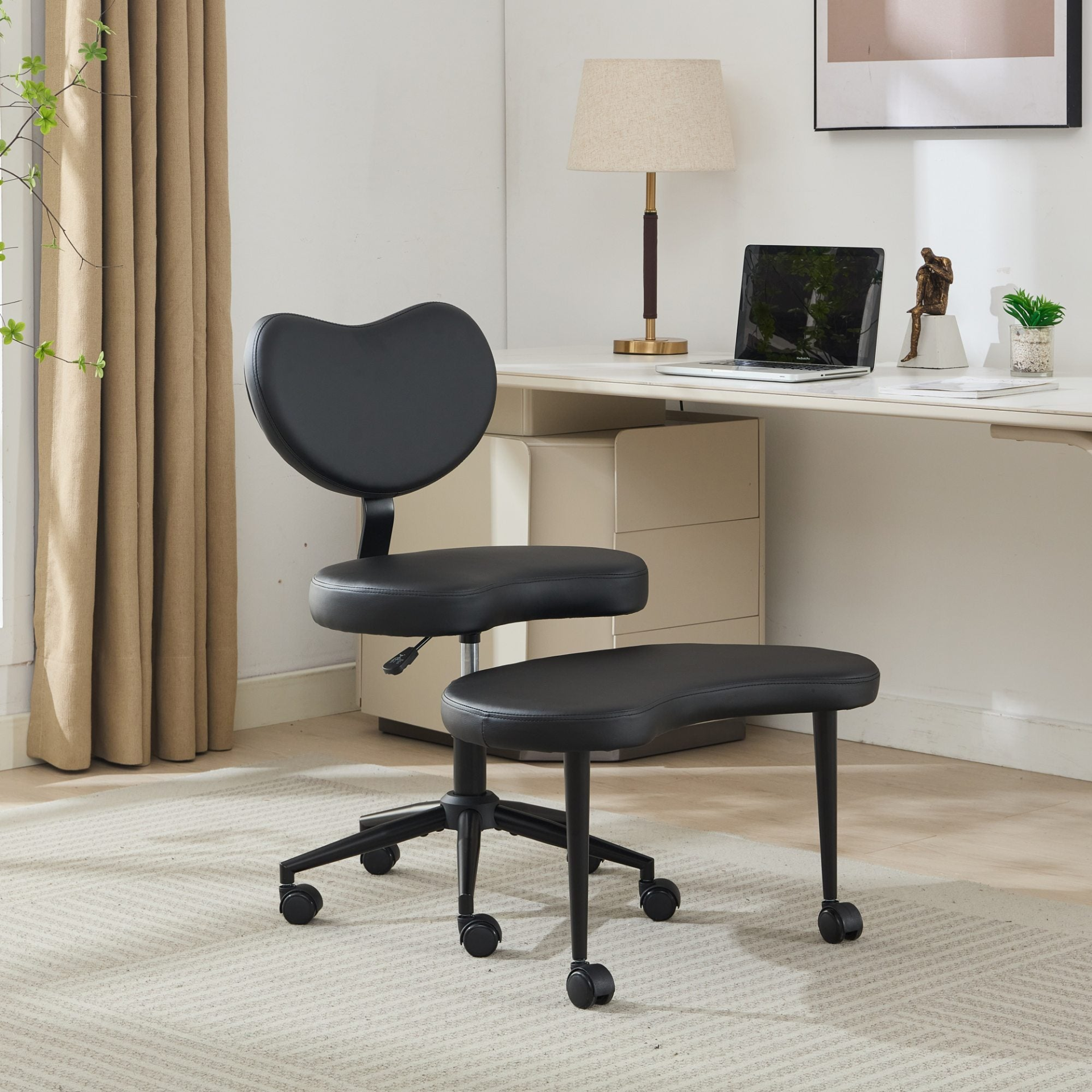 Black PU leather office chair with USB port, power access, and swivel feature, ideal for home office or vanity desk.