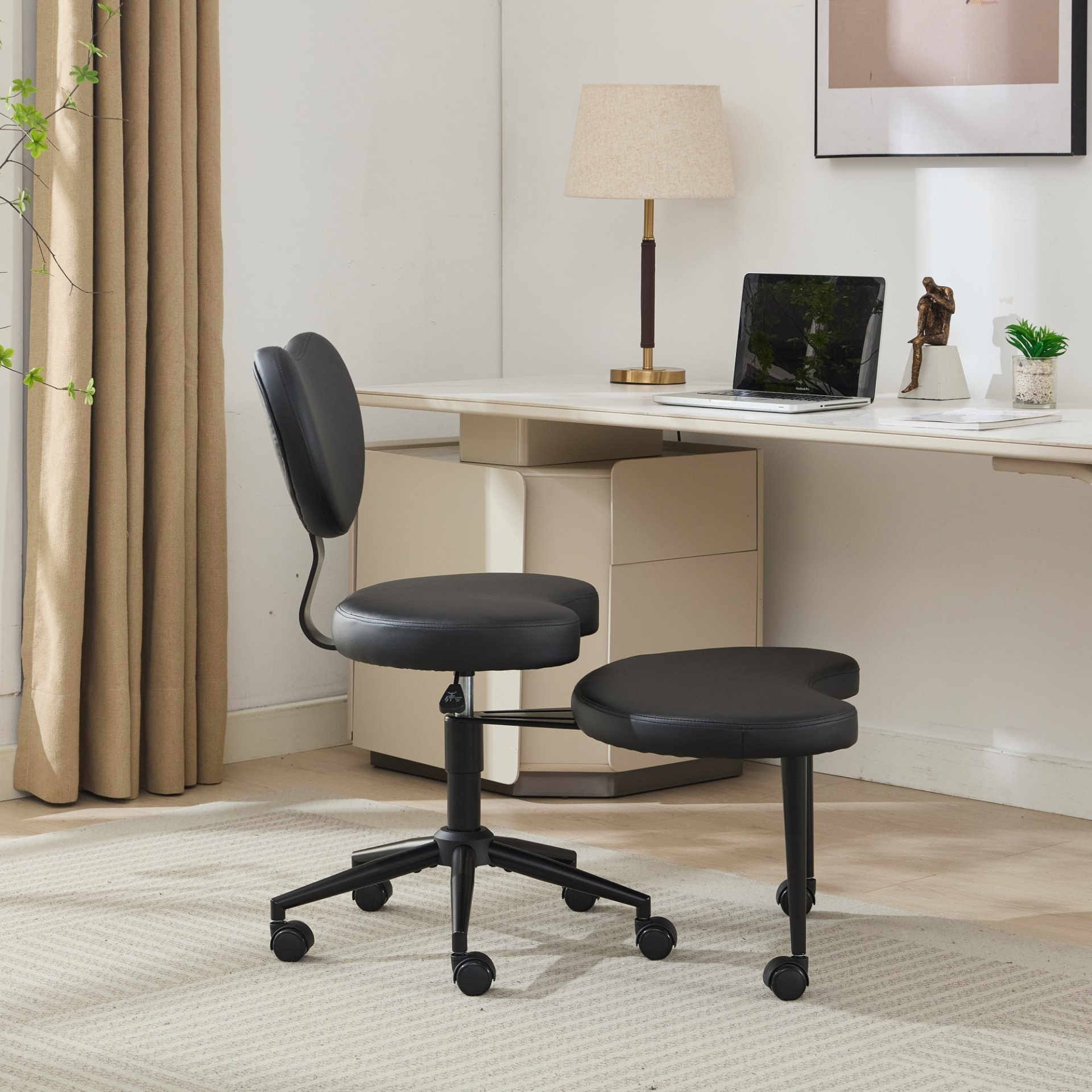 Black PU leather office chair with swivel base, USB port, and power access for home office or vanity desk use