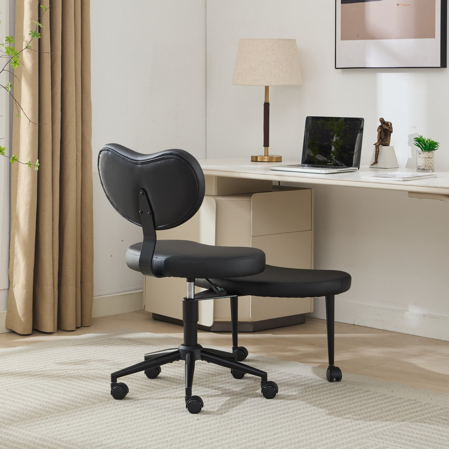 Black PU leather office chair by Start2Finish with USB port, power access, swivel base, ideal for home office or vanity desk.