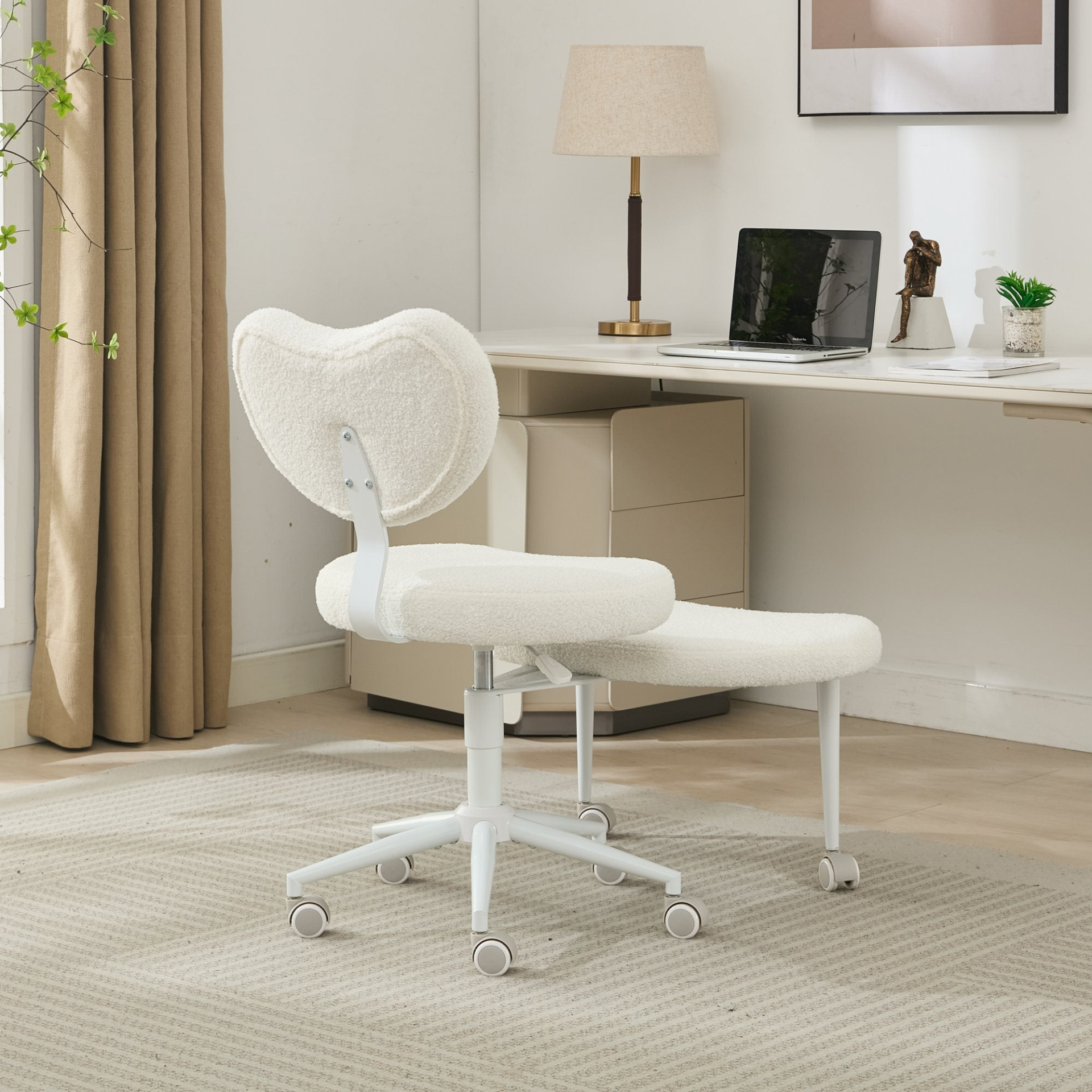 Black PU leather office chair with swivel base, USB port, and power access, ideal for home office or vanity desk.