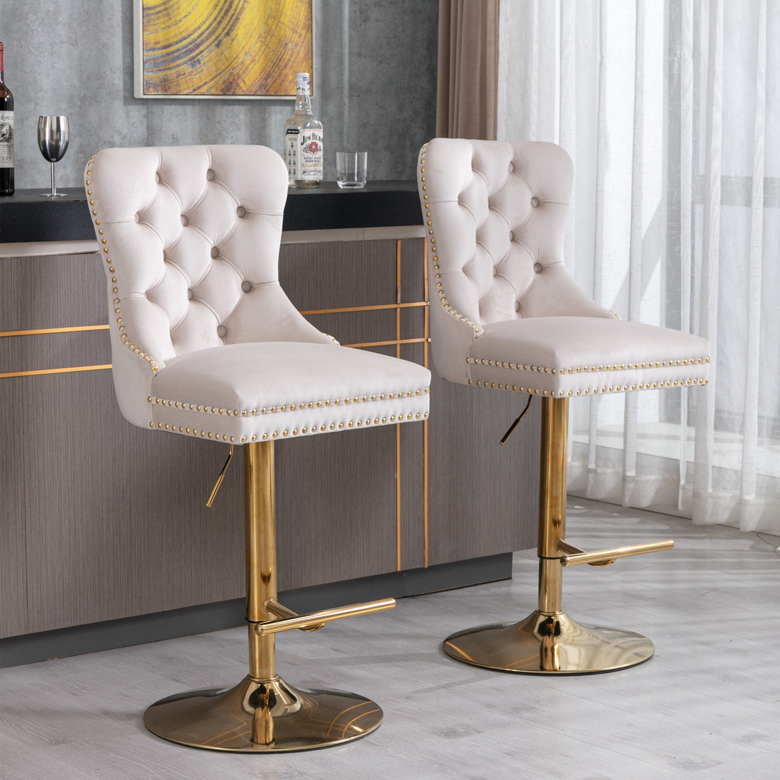 Set of two adjustable velvet bar stools from Start2Finish with swivel seats in multiple colors, ideal for kitchen or dining room.