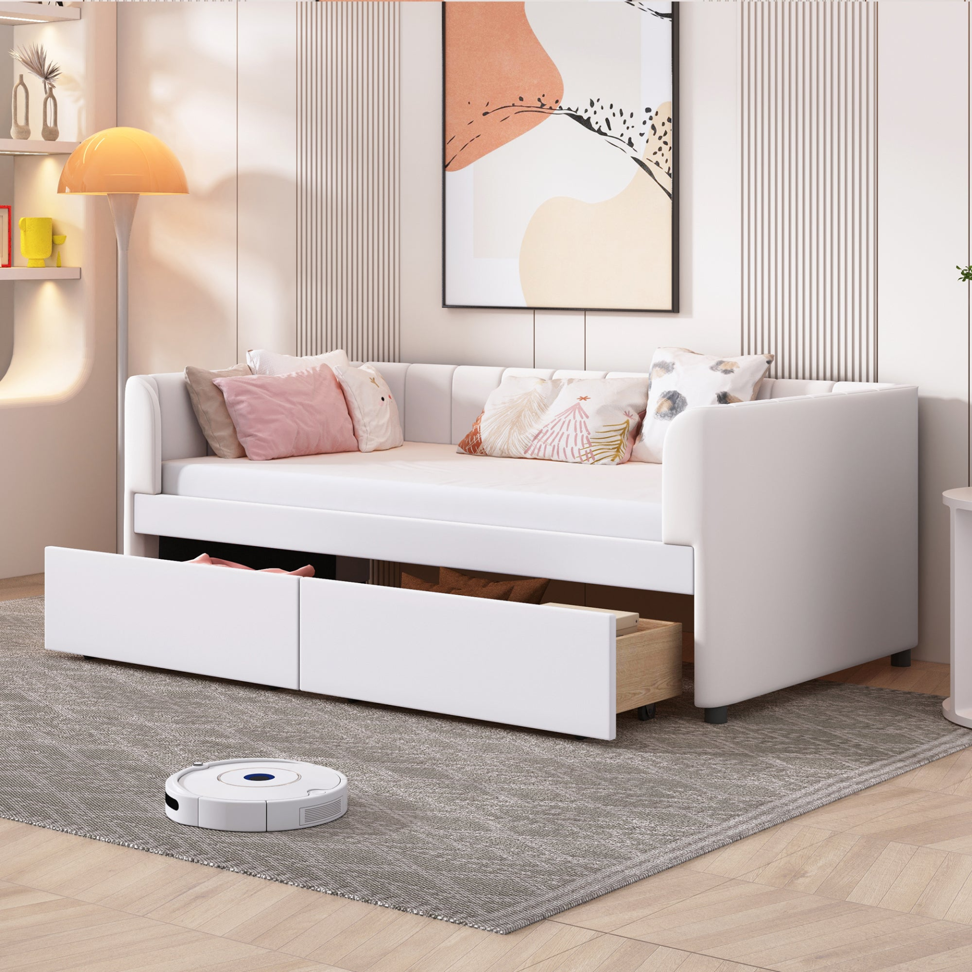 Beige and gray velvet upholstered twin daybed with drawers and headboard, ideal for bedroom or guest room, by Start2Finish.