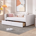 Beige and gray velvet upholstered twin daybed with drawers and headboard, ideal for bedroom or guest room, by Start2Finish.