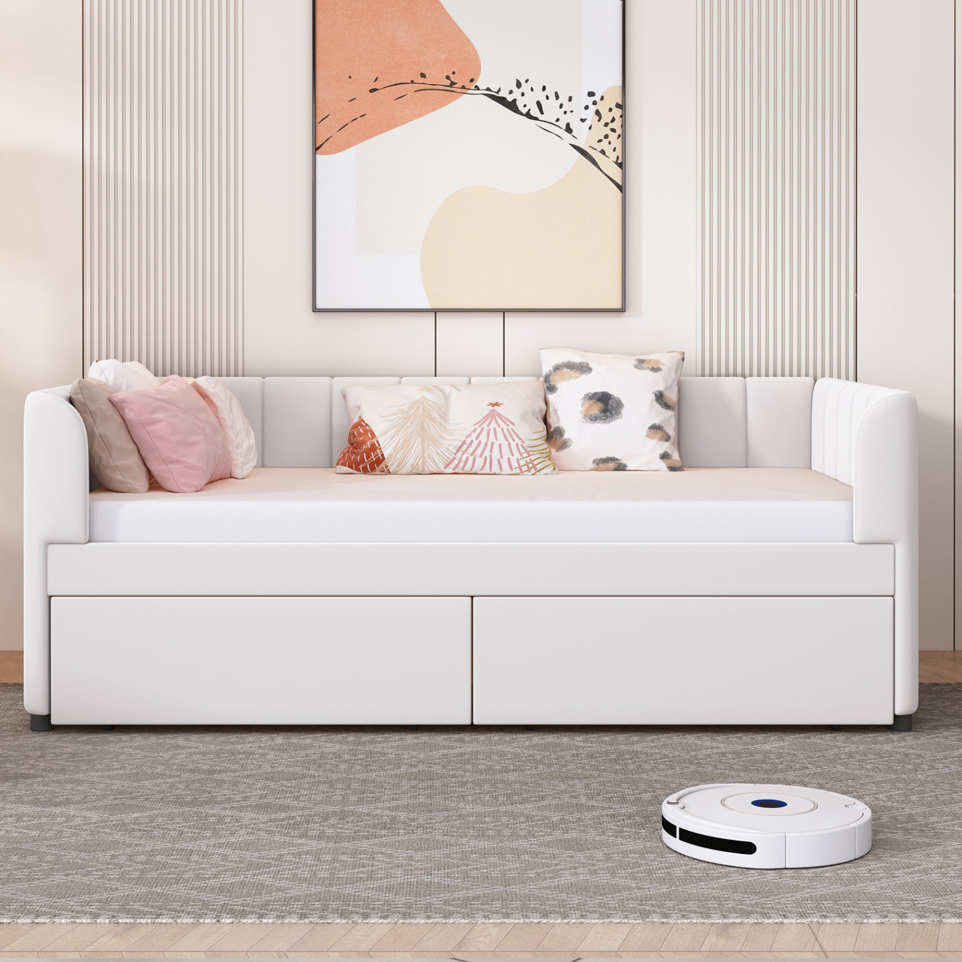 Start2Finish twin beige and gray velvet upholstered daybed with drawers and headboard, ideal for bedroom or guest room furniture.