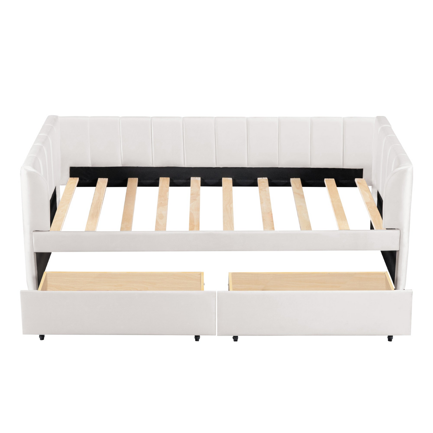 Twin beige and gray velvet upholstered daybed with drawers and headboard, ideal for bedroom or guest room furniture.