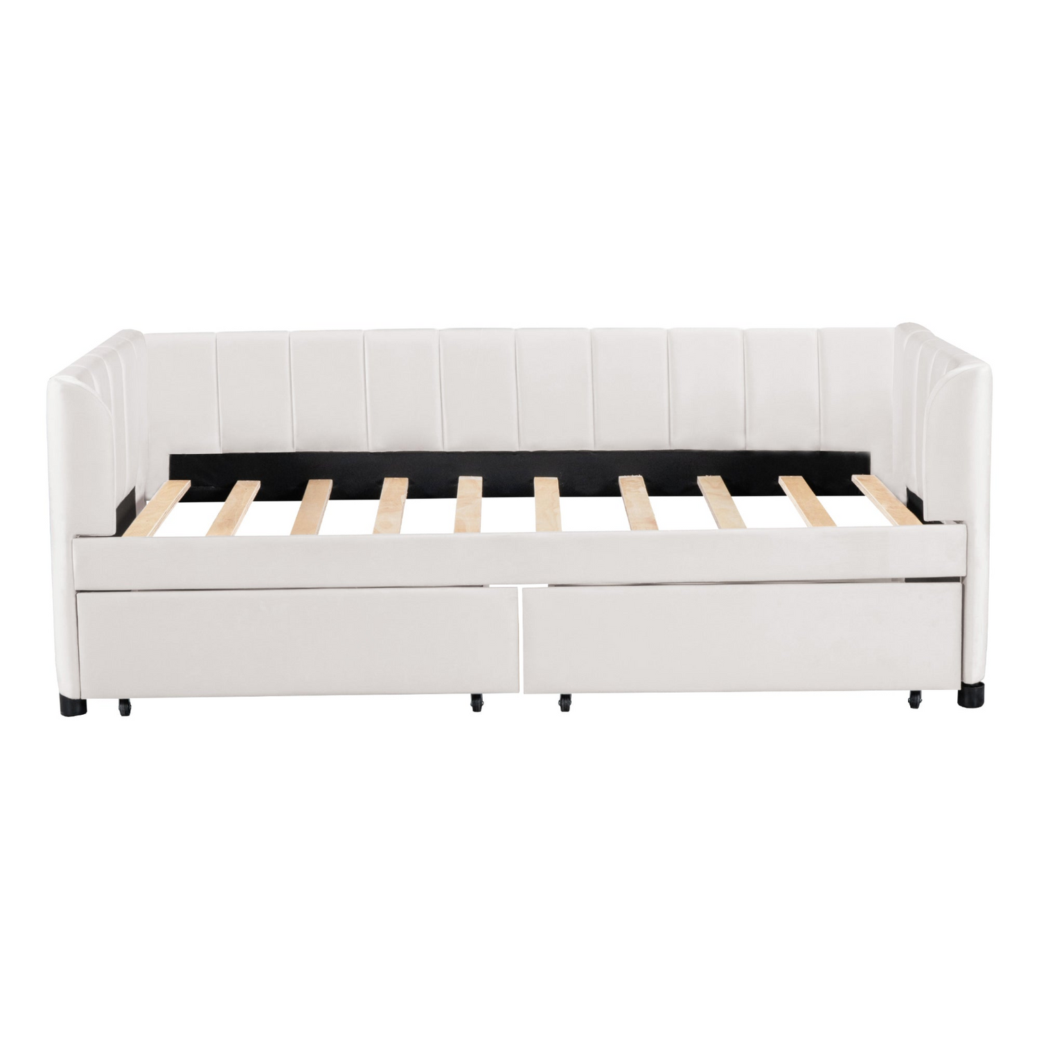 Twin beige and gray velvet daybed with drawers and headboard, ideal for bedroom or guest room furniture from Start2Finish