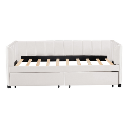 Twin beige and gray velvet daybed with drawers and headboard, ideal for bedroom or guest room furniture from Start2Finish